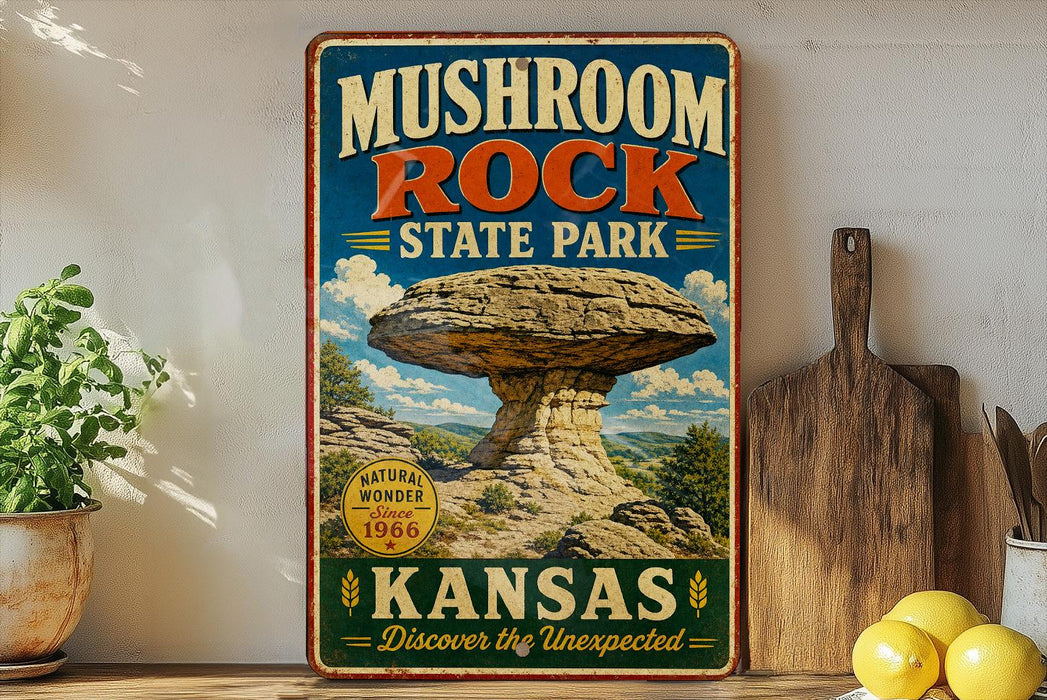 A vintage-style metal sign advertising Mushroom Rock State Park in Kansas, featuring a large mushroom formation in the background.