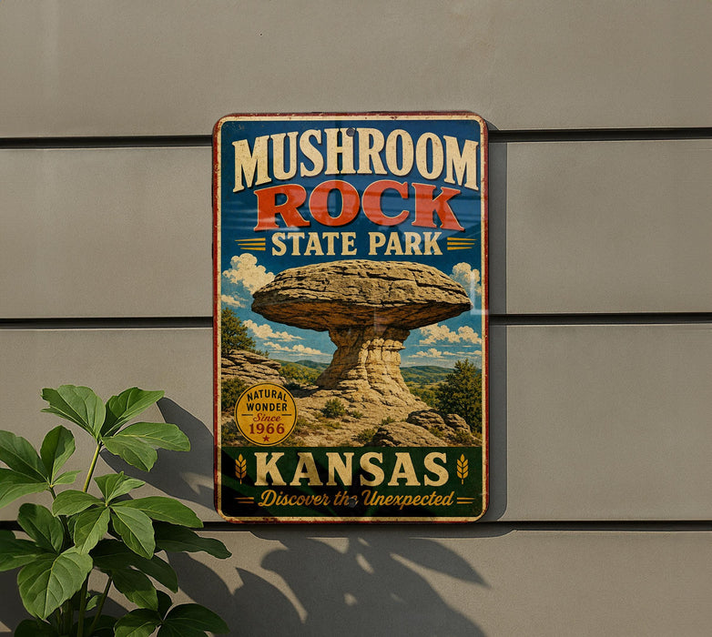 A vintage-style sign for Mushroom Rock State Park in Kansas, featuring a large mushroom formation in the background.