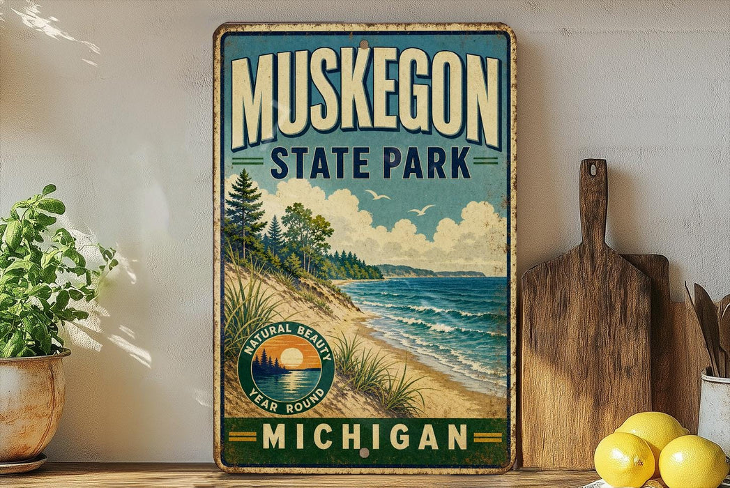 A vintage-style sign for Muskegon State Park in Michigan, featuring a scenic beach landscape with pine trees, a lake, and a sunset.
