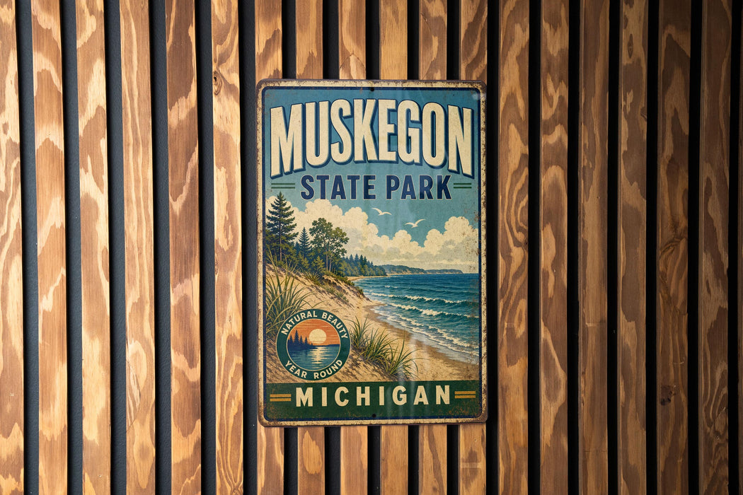 A vintage metal sign for Muskegon State Park, featuring a scenic landscape with a beach, mountains, and a lake.