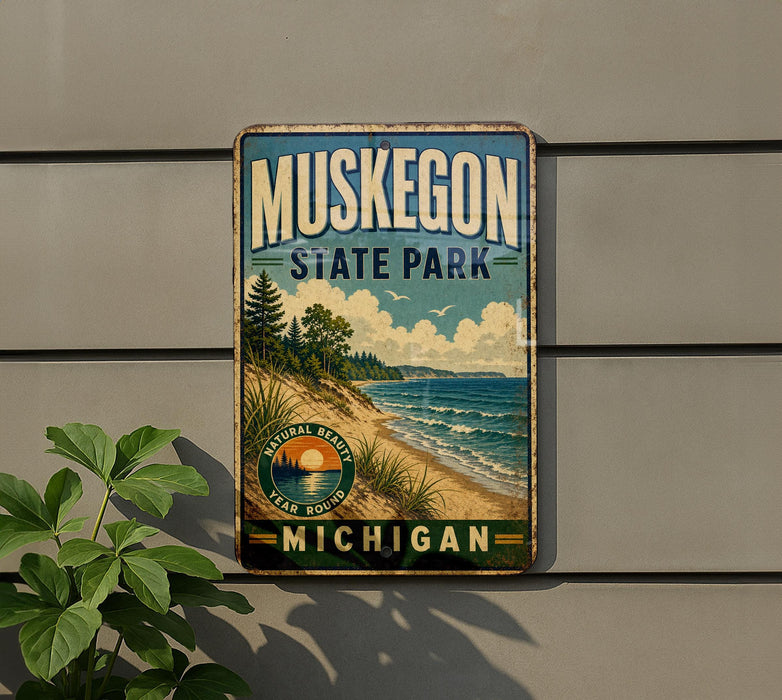 A vintage-style metal sign for Muskegon State Park, featuring a scenic landscape with a beach, mountains, and a sunset.