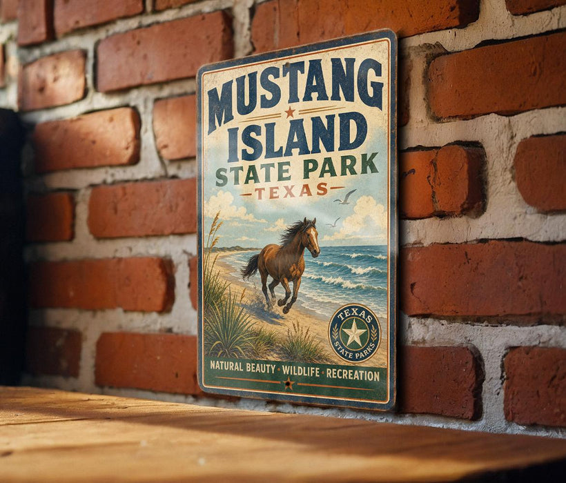 A vintage-style sign for Mustang Island State Park in Texas, featuring a horse running on a beach with a brick wall in the background.