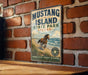 A vintage-style sign for Mustang Island State Park in Texas, featuring a horse running on a beach with a brick wall in the background.