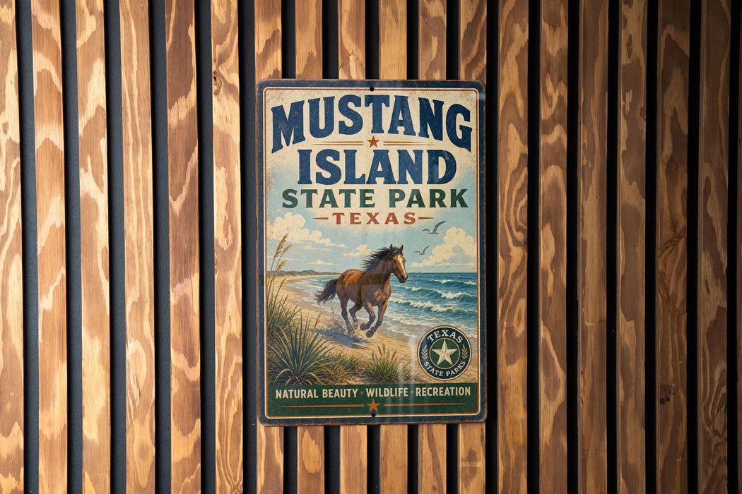 A vintage-style metal sign for Mustang Island State Park in Texas, featuring an illustration of a horse on a beach with a cloudy sky in the background.