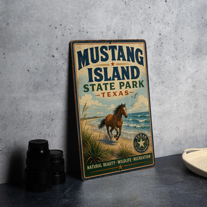 A vintage-style metal sign for Mustang Island State Park in Texas, featuring a horse running on a beach with a cloudy sky in the background.