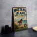 A vintage-style metal sign for Mustang Island State Park in Texas, featuring a horse running on a beach with a cloudy sky in the background.