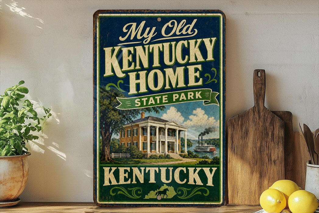 A vintage-style sign for "My Old Kentucky Home State Park" is displayed on a wooden shelf, with a potted plant and a wooden cutting board nearby.
