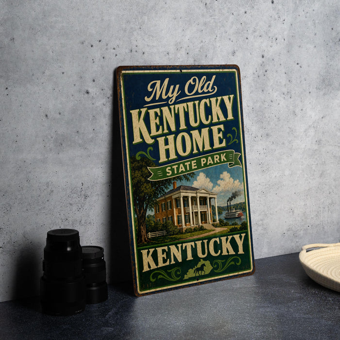 A vintage-style sign for Kentucky State Park, featuring a house and trees, is displayed on a countertop next to some black camera lenses.