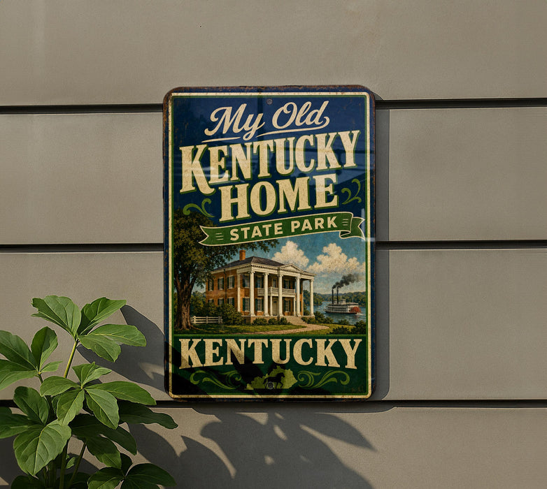 A vintage-style sign for Kentucky State Park, featuring a house and a steamboat, mounted on a wall next to a plant.