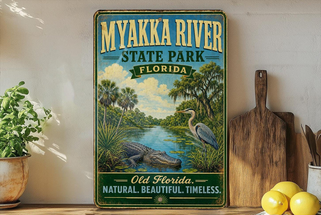 A vintage-style sign for the Myakka River State Park in Florida, featuring an illustration of a bird, a crocodile, and a palm tree.