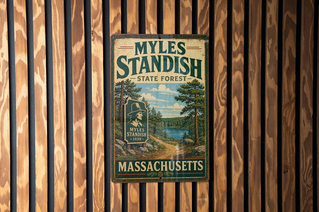 A vintage metal sign for Myles Standish State Forest in Massachusetts, featuring a scenic illustration of a forest and a lake.