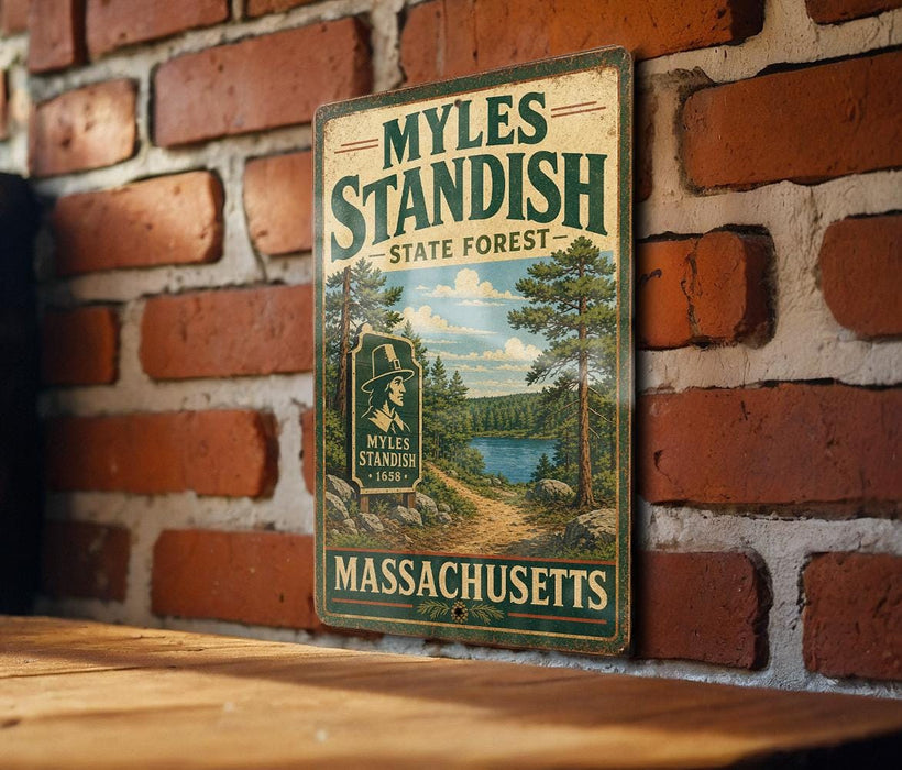 A vintage metal sign for Myles Standish State Forest in Massachusetts, featuring a scenic landscape with a lake and pine trees.
