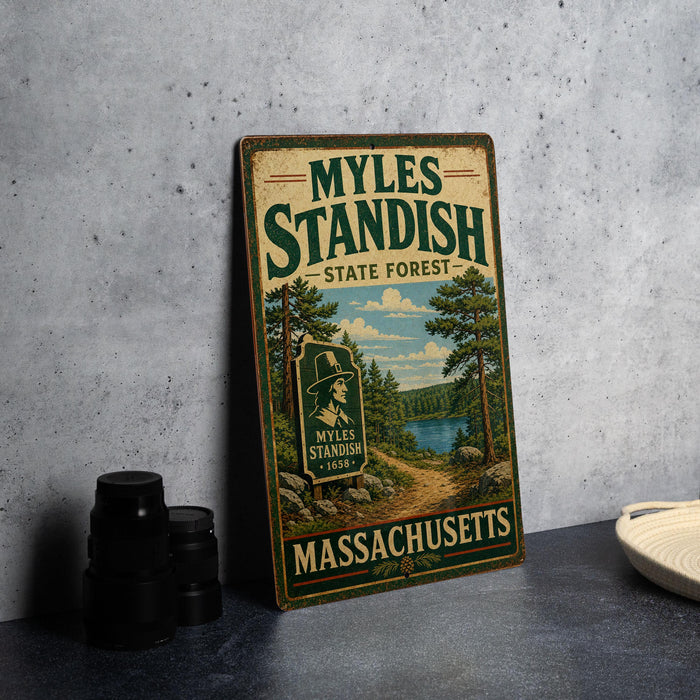 A vintage-style metal sign for Myles Standish State Forest in Massachusetts, featuring a scenic illustration of a forest and a lake.