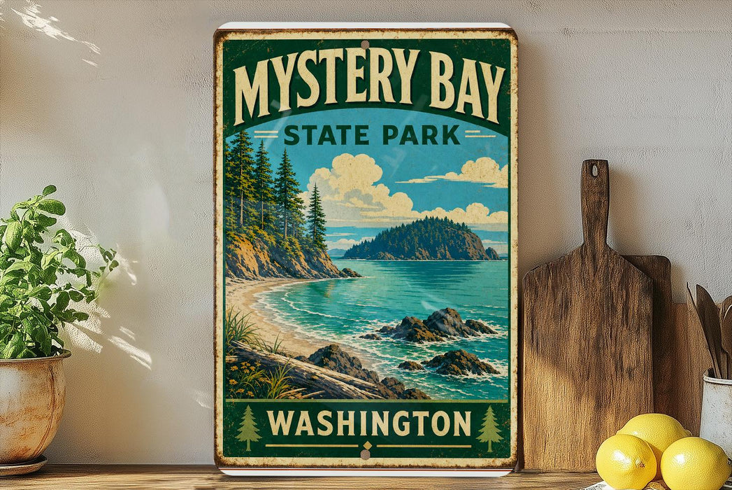 A vintage-style metal sign for Mystery Bay State Park in Washington, featuring a scenic landscape with a beach, mountains, and a body of water.