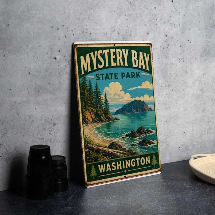 A vintage-style metal sign for Mystery Bay State Park in Washington, featuring a scenic landscape with pine trees, a rocky coastline, and a body of water.