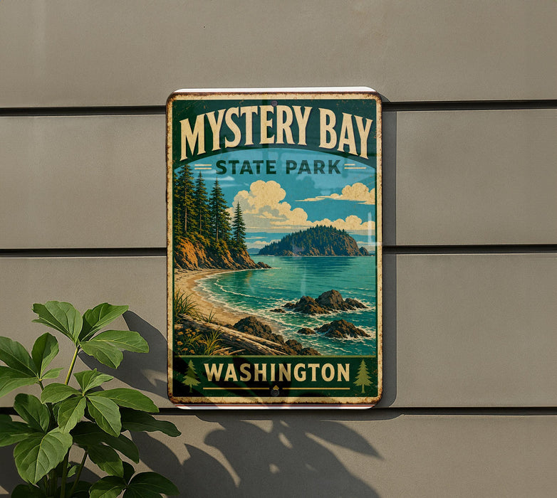 A vintage-style metal sign for Mystery Bay State Park in Washington, featuring a scenic landscape with a beach, mountains, and a body of water.