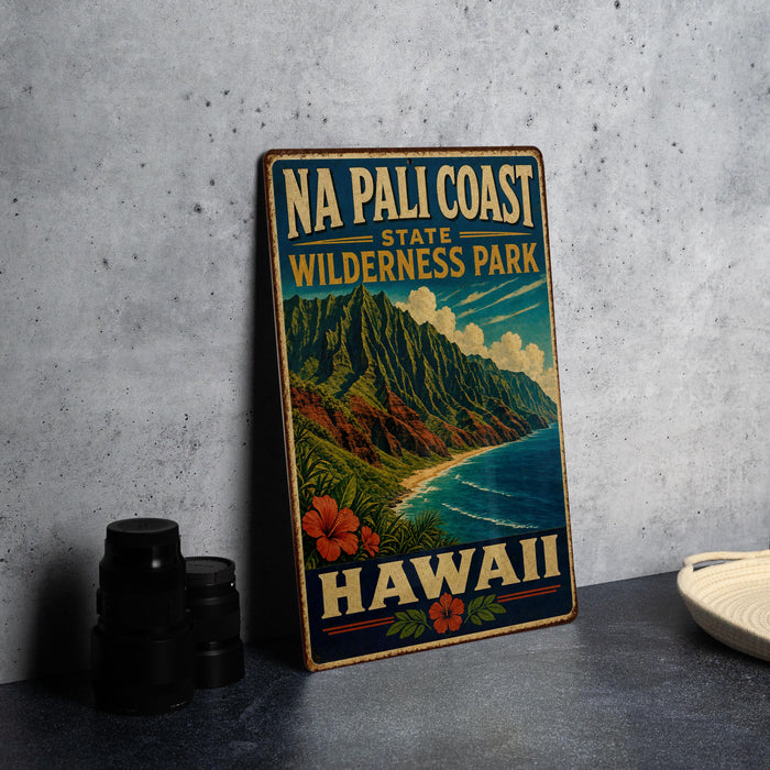 A vintage-style metal sign for Na Pali Coast State Wilderness Park in Hawaii, featuring a mountainous landscape and ocean scene.