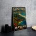 A vintage-style metal sign for Na Pali Coast State Wilderness Park in Hawaii, featuring a mountainous landscape and ocean scene.