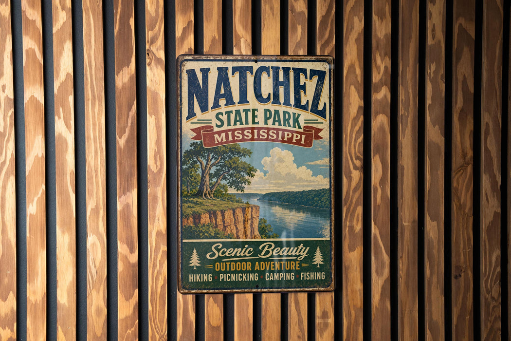 A vintage metal sign for Natchez State Park, Mississippi, featuring a scenic landscape with a river and trees.