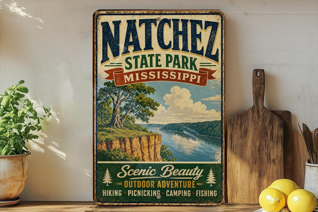 A vintage-style sign for Natchez State Park, Mississippi, featuring a scenic landscape with a river, cliffs, and trees.