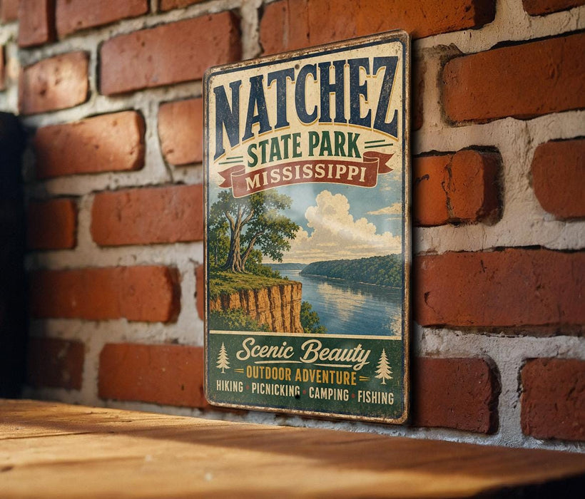 A vintage metal sign for Natchez State Park, Mississippi, featuring a scenic landscape with a river and mountains.