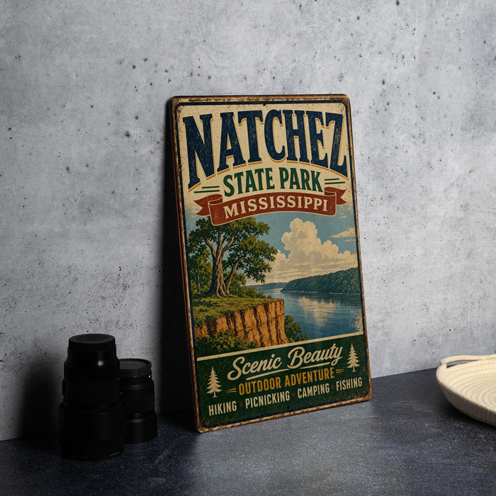 A vintage-style sign for Natchez State Park, Mississippi, featuring a scenic landscape with a river, trees, and mountains.