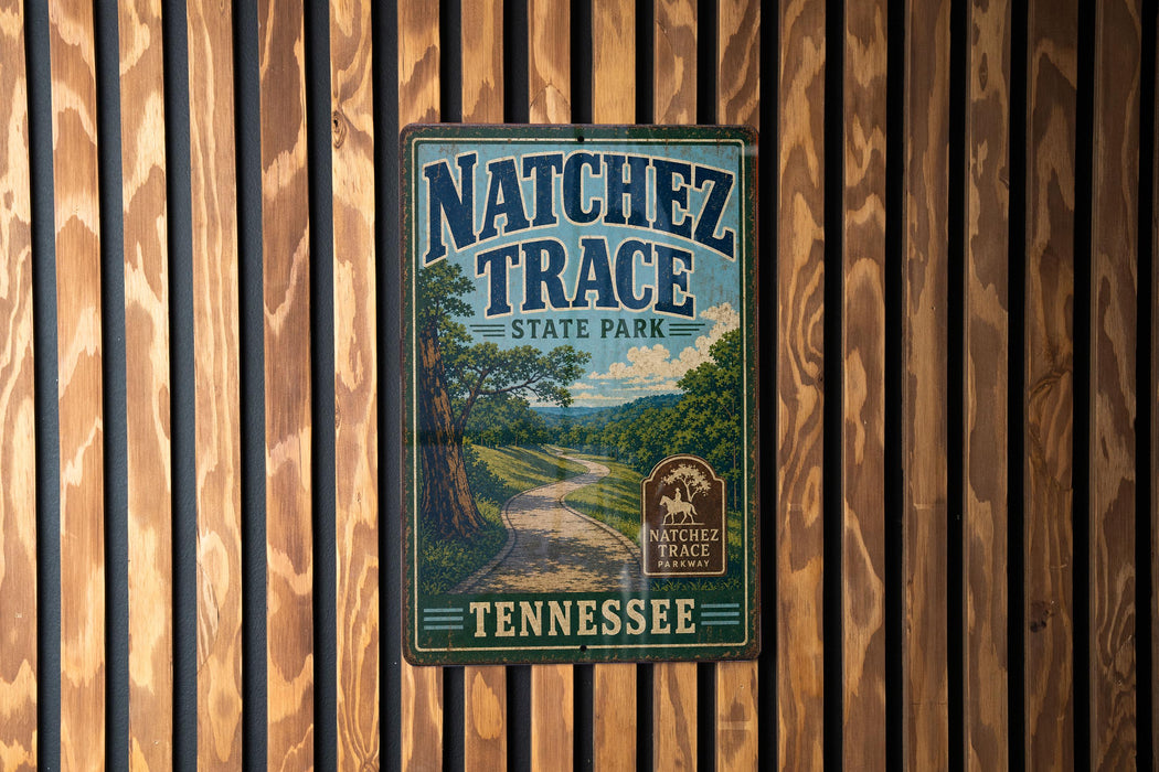 A vintage metal sign for Natchez Trace State Park in Tennessee, featuring a scenic landscape with a winding road and trees.