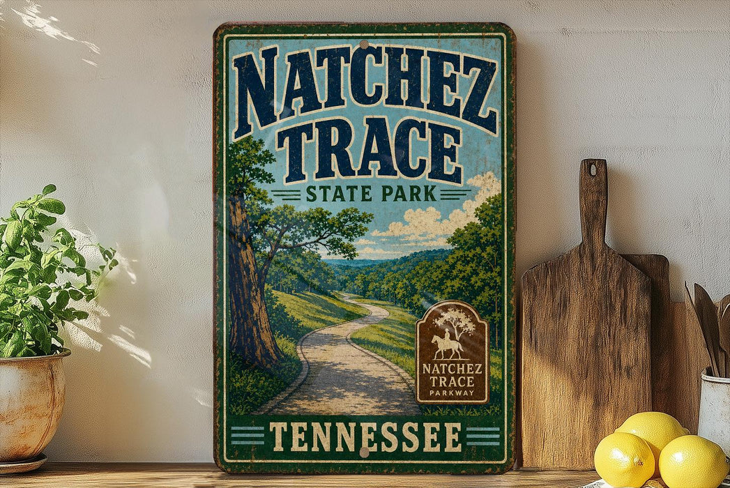 A vintage-style sign for Natchez Trace State Park in Tennessee, featuring a scenic road surrounded by trees and mountains.