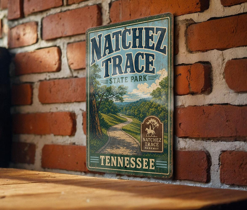 A vintage-style metal sign for Natchez Trace State Park in Tennessee, featuring a scenic landscape with a winding road and lush greenery.