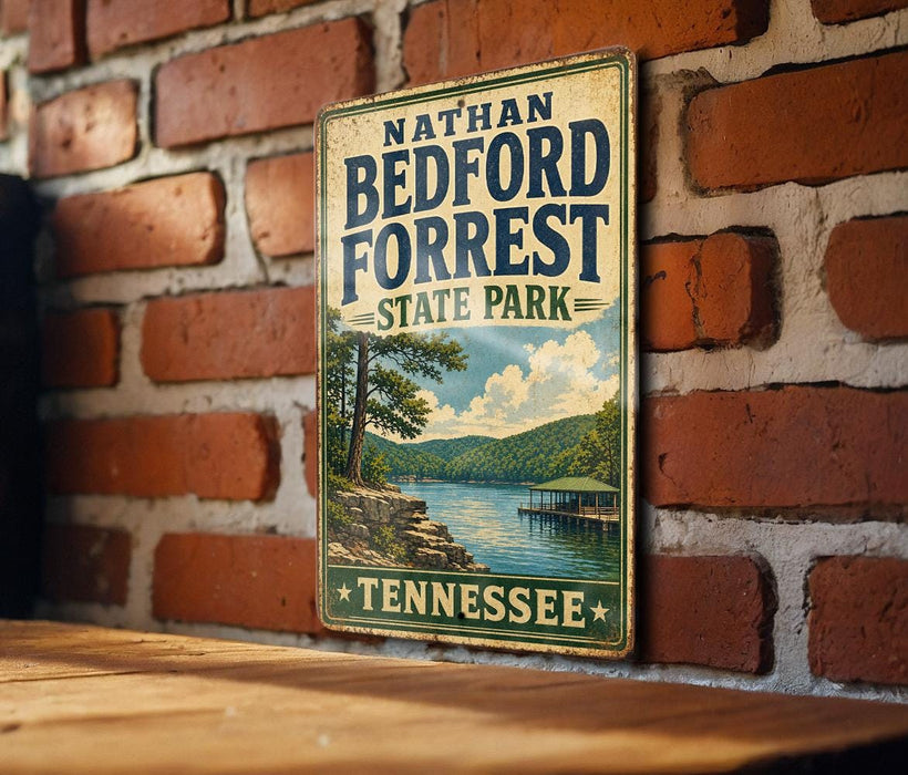 A vintage-style metal sign for Nathan Bedford Forrest State Park in Tennessee, featuring a scenic landscape with a lake and mountains.