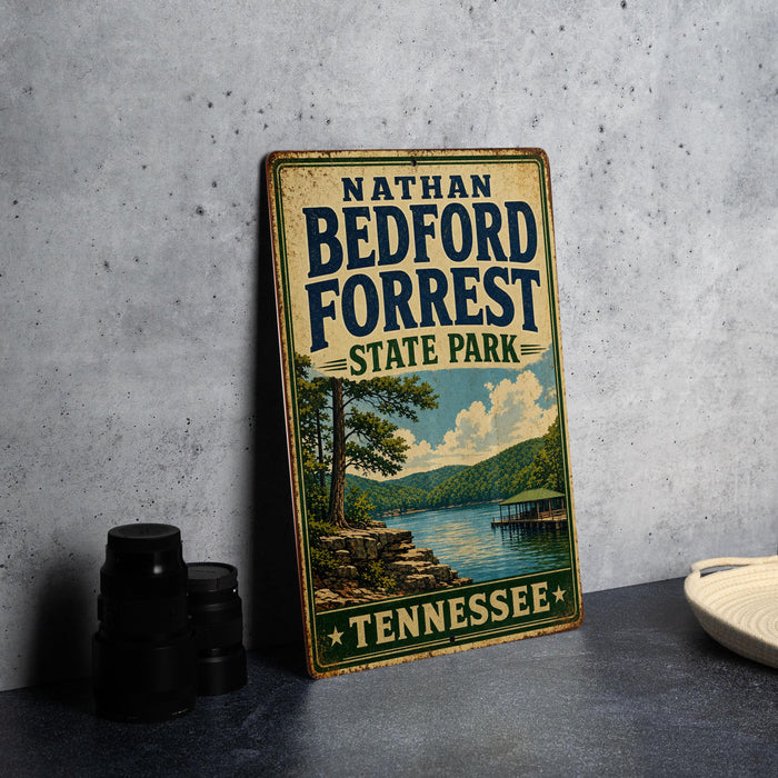 A vintage-style sign for Nathan Bedford Forrest State Park in Tennessee, featuring a scenic landscape with a lake and mountains.