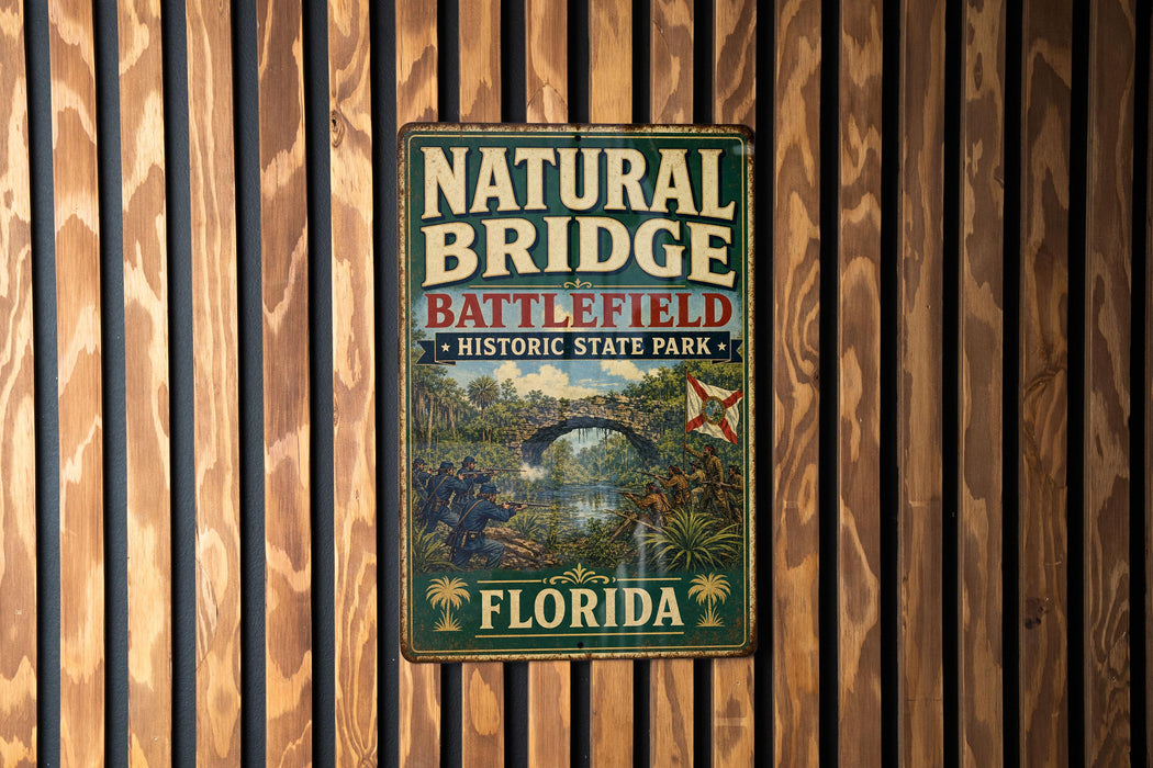 A vintage metal sign for Natural Bridge Battlefield Historic State Park in Florida, featuring a scenic illustration of the park's landscape.