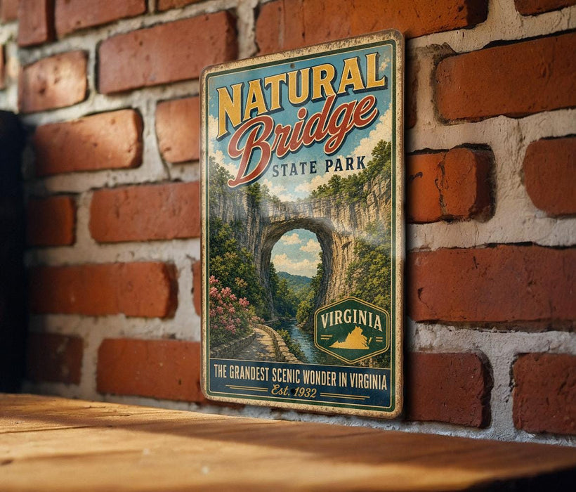 A vintage-style metal sign for Natural Bridge State Park in Virginia, featuring a scenic illustration of the bridge surrounded by lush greenery.