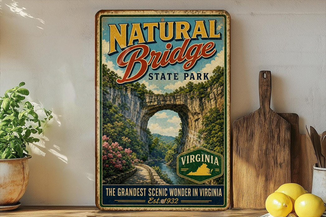 a vintage-style sign for Natural Bridge State Park in Virginia, with a scenic image of the bridge and surrounding landscape.