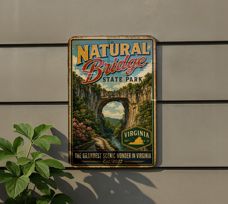 A vintage-style metal sign for Natural Bridge State Park in Virginia, featuring a scenic image of the bridge surrounded by lush greenery.