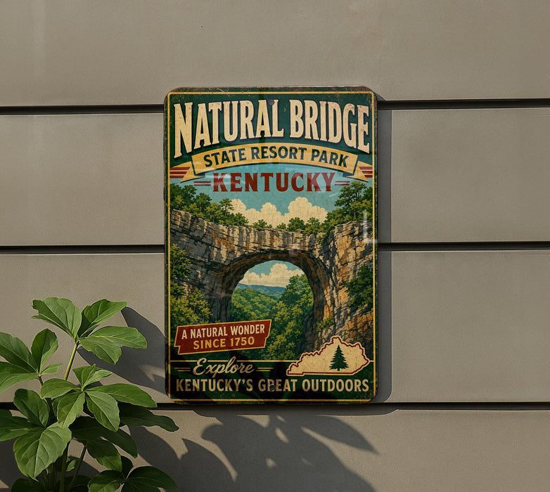 A vintage-style sign for Natural Bridge State Resort Park in Kentucky, featuring a scenic image of the natural wonder.