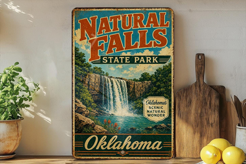 A vintage-style sign for Natural Falls State Park in Oklahoma, featuring a waterfall and lush greenery.