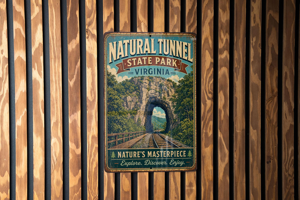 A vintage-style metal sign for Natural Tunnel State Park in Virginia, featuring a scenic image of a tunnel surrounded by lush greenery and a wooden fence.