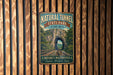 A vintage-style metal sign for Natural Tunnel State Park in Virginia, featuring a scenic image of a tunnel surrounded by lush greenery and a wooden fence.
