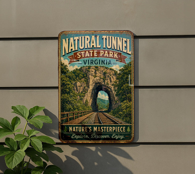 A vintage-style metal sign for Natural Tunnel State Park in Virginia, featuring a scenic image of a tunnel surrounded by lush greenery and a railroad track.