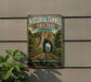 A vintage-style metal sign for Natural Tunnel State Park in Virginia, featuring a scenic image of a tunnel surrounded by lush greenery and a railroad track.