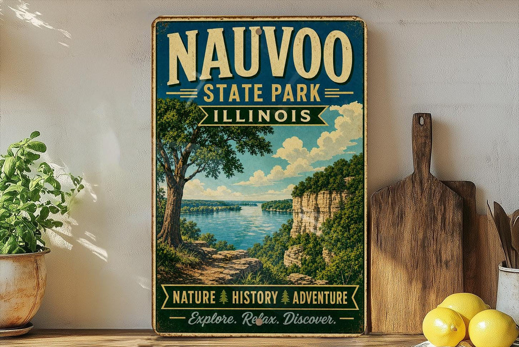 a vintage-style sign for Nauvoo State Park in Illinois, with a scenic landscape of a lake and mountains in the background.