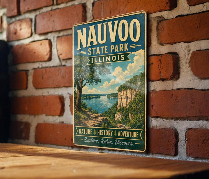 A vintage-style metal sign for Nauvoo State Park in Illinois, featuring a scenic landscape with a river and cliffs.