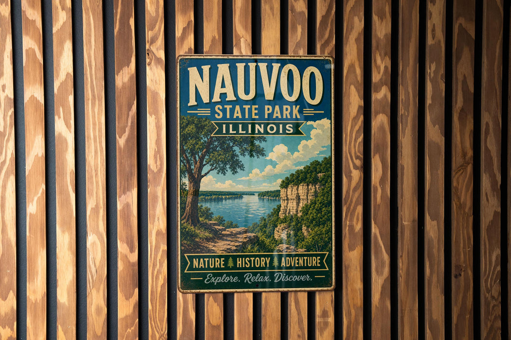 A vintage metal sign for Nauvoo State Park in Illinois, featuring a scenic landscape with a river and cliffs.