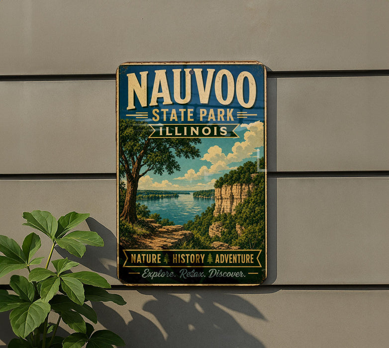 A vintage-style metal sign for Nauvoo State Park in Illinois, featuring a scenic landscape with a lake and mountains.