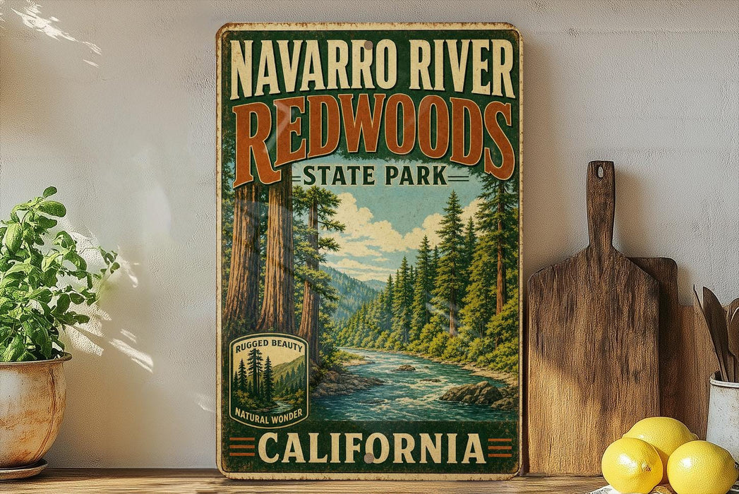 A vintage-style sign for Navarro River Redwoods State Park in California, featuring a scenic illustration of the park's natural landscape.