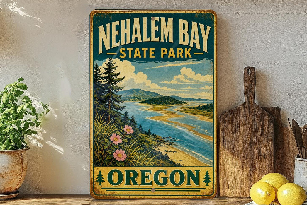 A vintage-style metal sign for Nehalem Bay State Park in Oregon, featuring a scenic landscape with mountains, a river, and a beach.