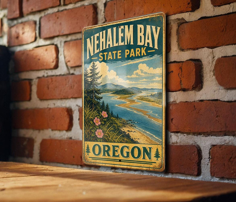 A vintage-style metal sign for Nehalem Bay State Park in Oregon, featuring a scenic landscape with a river, mountains, and pine trees.