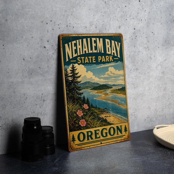 A vintage-style metal sign for Nehalem Bay State Park in Oregon, featuring a scenic landscape with pine trees, a river, and mountains.