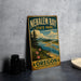 A vintage-style metal sign for Nehalem Bay State Park in Oregon, featuring a scenic landscape with pine trees, a river, and mountains.